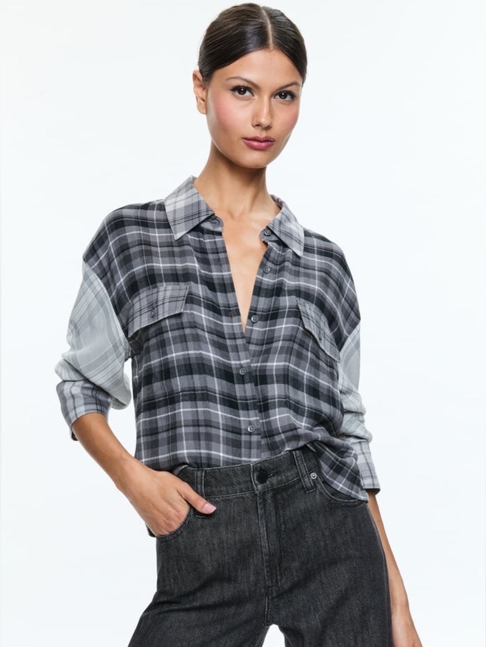 NWOT - Alice + Olivia Clifton Plaid Button Down Shirt in Mixed Plaid - Size M